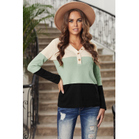 V-neck Color Block Button Waffle Knit Pullover