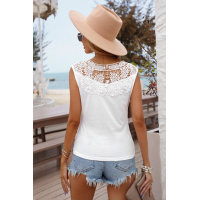 White V Split Neck Crochet Patchwork Tank Top