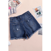 Blue High Rise Ruffle Waist Denim Shorts