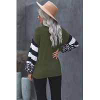 Green V Neck Leopard Stripe Splice Lantern Sleeve Top