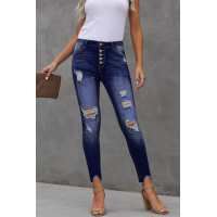 Blue High Rise Button Front Frayed Ankle Skinny Jeans