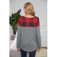 Red Buffalo Plaid Splicing Long Sleeve Top