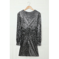 Black Deep V Neck Lantern Sleeve Sequin Dress