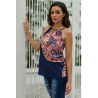 Blue Coral Bohemian Print Keyhole Front Tank Top