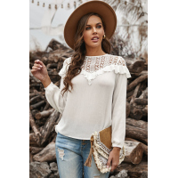 White Hollow-out Ruffle Long Sleeve Blouse