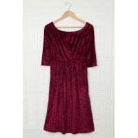 Wine Velvet Off Shoulder Half Sleeve Pleated Midi Dress