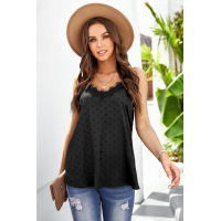 Black V Neck Lacy Spaghetti Straps Dotted Print Tank