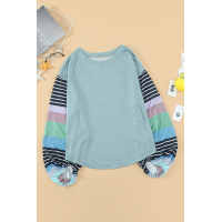 Sky Blue Striped Colorblock Long Sleeve Knit Top