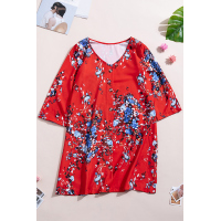 Orange V Neck 3/4 Roll Sleeve Button Floral Dress