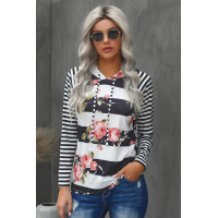 Black Floral Print Stripe Hooded Drawstring Long Sleeve Top