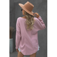 Pink V Neck Washed Grommet Top