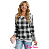 Black Buffalo Plaid Stripe Splicing Long Sleeve Top