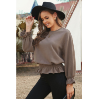 Khaki Corduroy Ruffle Frilled Long Sleeve Top