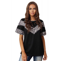 Black Leopard Splicing Waffle Knit Short Sleeve Tee