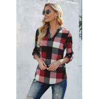 Red Contrast Plaid V Neck Long Sleeve Top