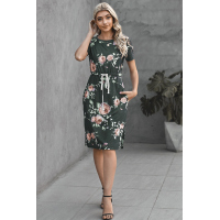 Short Sleeve Pocketed Drawstring Casual Floral Dress