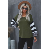 Green V Neck Leopard Stripe Splice Lantern Sleeve Top