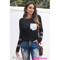 Black Crew Neck Rhinestone Pocket Long Sleeve Top