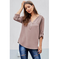 Khaki Casual V Neck Zip up Half Sleeve Blouse