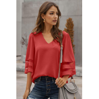 Red Flare Sleeve V Neck Loose Blouse