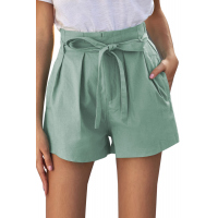 Green Tie Waist Casual Shorts with Pockets