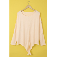 Apricot Waffle Knit Front Tie Cold Shoulder Long Sleeve Top