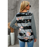 Gray Floral Striped Print Long Sleeves Top