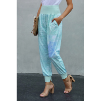 Sky Blue Tie-dye Pocket Casual Pants With Slit