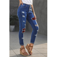 Sky Blue Plaid Patchwork Hollow Out Ripped Jeans