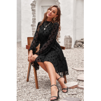 Black Crew Neck Long Sleeve Polka Dot Ruffle Lace Midi Dress