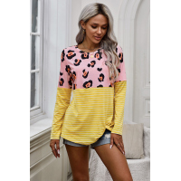 Yellow Long Sleeve Leopard Stripe Print Casual Top