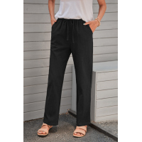 Black Drawstring Elastic Waist Pockets Long Straight Legs Pants