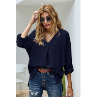 Blue V Neck 3/4 Sleeve High Low Hem Shirt