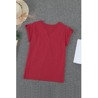 Red Buttoned Detail Cotton Blend Short Sleeve T-shirt