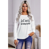 White Off Shoulder Letter Print Long Sleeve Top