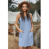 Sky Blue Sleeveless Pocketed Casual Swing Mini Dress