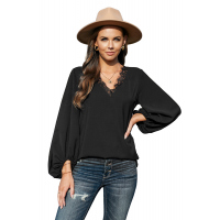 Black Lace V Neck Balloon Sleeves Top