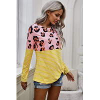 Yellow Long Sleeve Leopard Stripe Print Casual Top