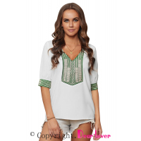 White Deep V-neck Half Sleeve Embroidery Patch Blouse