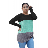 Green Color Block Crew Neck Blouse