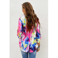 Multicolor Tie Dye Button Tab-Sleeve V-Neck Blouse