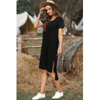 Black Casual Short Sleeve T-shirt Midi Dress with High Splits