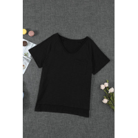 Black V Neck Short Sleeves Cotton Blend Tee with Front Pocket and Side Slits