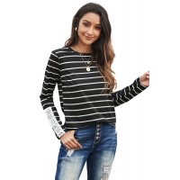 Black Striped Long Sleeve Top with Lace Button Detail