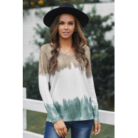 Color Block Tie Dye Pocketed Knit Long Sleeve Top