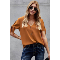 Orange Casual Tie Knot Short Sleeve V-Neck Button Chiffon Blouse