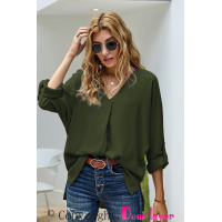 Army Green V Neck 3/4 Sleeve High Low Hem Shirt