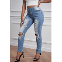 Light Blue Ripped Straight Leg Jeans