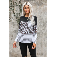 Leopard Striped Patchwork Long Sleeve Top with Pocket