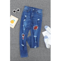 Sky Blue Plaid Patchwork Hollow Out Ripped Jeans